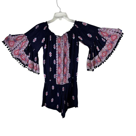 LILKA ANTHROPOLOGIE Blue OFF SHOULDER SHORTS ROMPER  WOMENS XS NWT - Picture 1 of 5